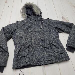 Columbia winter coat green print fur trim hood fleece lined gorpcore
